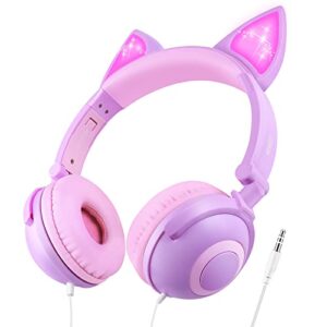 lobkin headphones kids, headphones cat ears with led, 85db volume limiter, foldable, kids headphones with wire for girls boys (purple+pink)