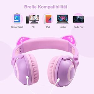 LOBKIN Headphones Kids, Headphones Cat Ears with LED, 85dB Volume Limiter, Foldable, Kids Headphones with Wire for Girls Boys (Purple+Pink)