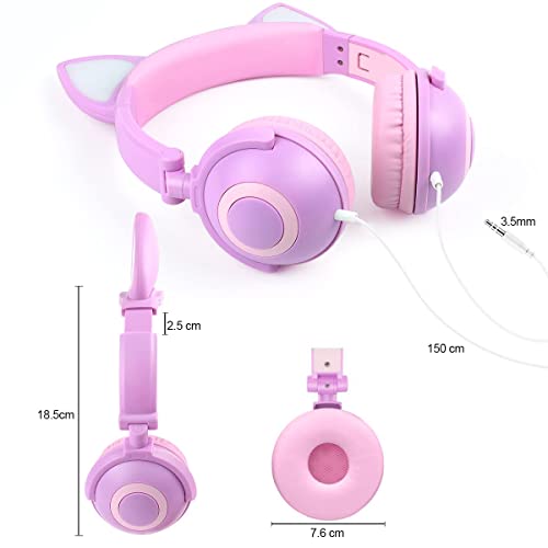 LOBKIN Headphones Kids, Headphones Cat Ears with LED, 85dB Volume Limiter, Foldable, Kids Headphones with Wire for Girls Boys (Purple+Pink)