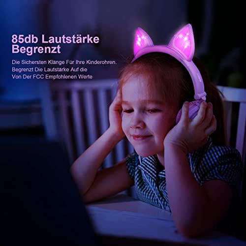 LOBKIN Headphones Kids, Headphones Cat Ears with LED, 85dB Volume Limiter, Foldable, Kids Headphones with Wire for Girls Boys (Purple+Pink)