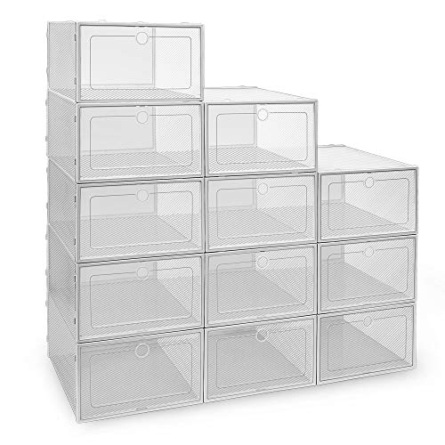 IPOW 12 Pack Thickened Clear Plastic Stackable Shoe Boxes, Foldable Shoe Organizer Sneaker Shoe Containers Shoe Storage Bins Drop Front Shoe Storage Boxes for Men, Women Kids