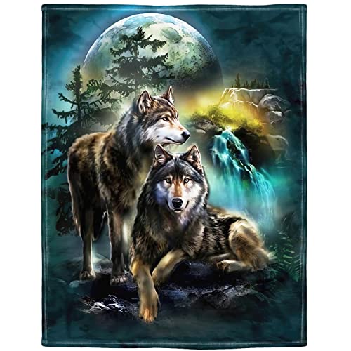 HommomH 60"x80" Blanket Soft Fluffy Fleece Throw for Sofa Bed Moon Wolf Green