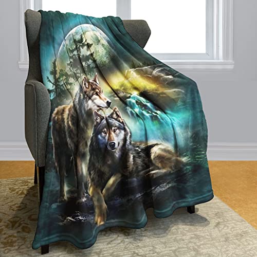HommomH 60"x80" Blanket Soft Fluffy Fleece Throw for Sofa Bed Moon Wolf Green