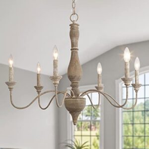 gepow 6-light french country chandelier, handmade real wood farmhouse chandelier, distressed finish light fixture for dining room, living room, bedroom, kitchen, stairway