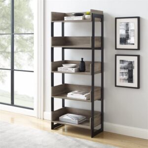 Walker Edison Addison Urban Industrial Metal and Wood 5-Shelf Bookcase, 64 Inch, Grey Wash