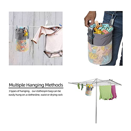 Mesh Clothespin Bag Holder Outside, Ventilation and Moisture Resistance, Multiple Hanging Methods Clothes Pin Bag with Drawstring Closure, Large-Capacity Clothespin Storage Organizer with Hooks