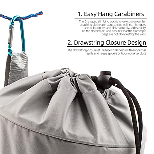 Mesh Clothespin Bag Holder Outside, Ventilation and Moisture Resistance, Multiple Hanging Methods Clothes Pin Bag with Drawstring Closure, Large-Capacity Clothespin Storage Organizer with Hooks