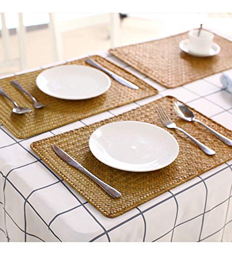 6 Pack Rectangular Woven Placemats, Rattan Wicker Table Mats, 17" x 12", Natural Seagrass Place Mats for Dining Table