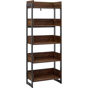 walker edison addison urban industrial metal and wood 5-shelf bookcase, 64 inch, dark walnut