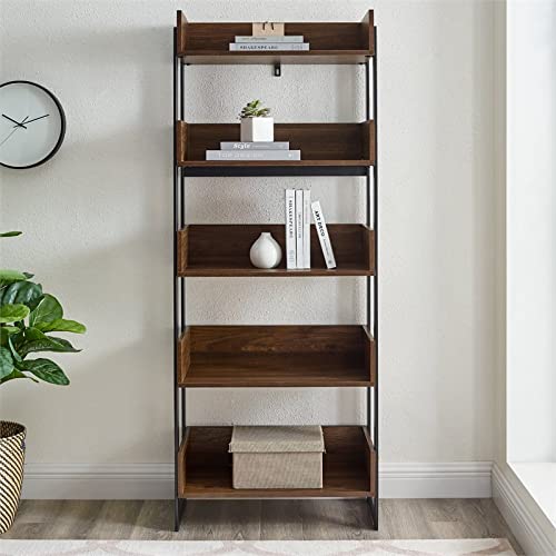 Walker Edison Addison Urban Industrial Metal and Wood 5-Shelf Bookcase, 64 Inch, Dark Walnut