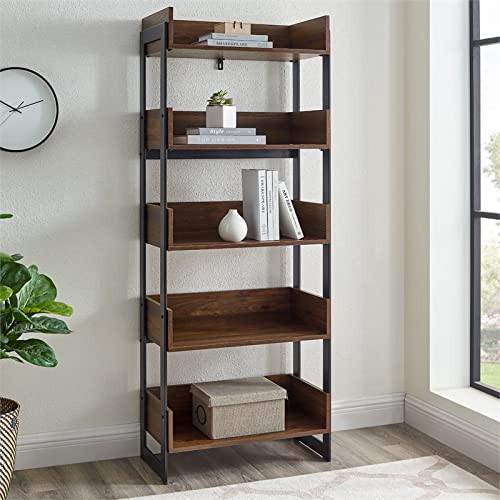 Walker Edison Addison Urban Industrial Metal and Wood 5-Shelf Bookcase, 64 Inch, Dark Walnut