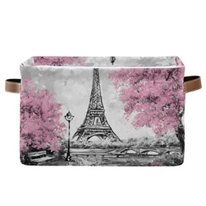 daoxiang vintage paris eiffel tower and pink tree themed square storage basket, foldable, with leather handles,for home, school and office 15 * 11 * 9.5 in * 1