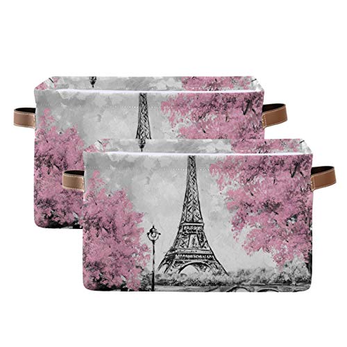 DAOXIANG Vintage Paris Eiffel Tower and Pink Tree Themed Square Storage Basket, Foldable, with Leather Handles,for Home, School and Office 15 * 11 * 9.5 in * 1