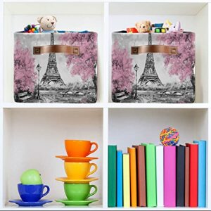 DAOXIANG Vintage Paris Eiffel Tower and Pink Tree Themed Square Storage Basket, Foldable, with Leather Handles,for Home, School and Office 15 * 11 * 9.5 in * 1