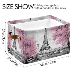 DAOXIANG Vintage Paris Eiffel Tower and Pink Tree Themed Square Storage Basket, Foldable, with Leather Handles,for Home, School and Office 15 * 11 * 9.5 in * 1