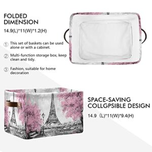 DAOXIANG Vintage Paris Eiffel Tower and Pink Tree Themed Square Storage Basket, Foldable, with Leather Handles,for Home, School and Office 15 * 11 * 9.5 in * 1