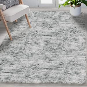 lalaloom soft and thick faux fur rug, 5x7, machine washable, super fluffy carpets for bedroom and living room floors, durable rubber backing, luxury shag area rugs for modern interior, soft gray