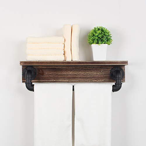 MBQQ Industrial Pipe Shelf,Rustic Wall Shelf with Towel Bar,20" Farmhouse Towel Racks for Bathroom,Floating Shelves Wall Mounted Home Decor Wooden Shelving,Retro Black