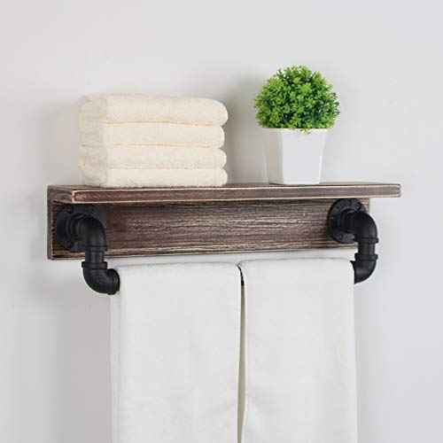 MBQQ Industrial Pipe Shelf,Rustic Wall Shelf with Towel Bar,20" Farmhouse Towel Racks for Bathroom,Floating Shelves Wall Mounted Home Decor Wooden Shelving,Retro Black