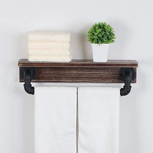 MBQQ Industrial Pipe Shelf,Rustic Wall Shelf with Towel Bar,20" Farmhouse Towel Racks for Bathroom,Floating Shelves Wall Mounted Home Decor Wooden Shelving,Retro Black