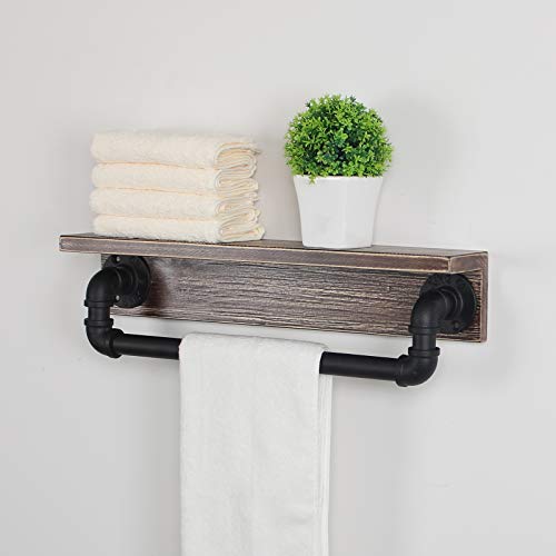 MBQQ Industrial Pipe Shelf,Rustic Wall Shelf with Towel Bar,20" Farmhouse Towel Racks for Bathroom,Floating Shelves Wall Mounted Home Decor Wooden Shelving,Retro Black