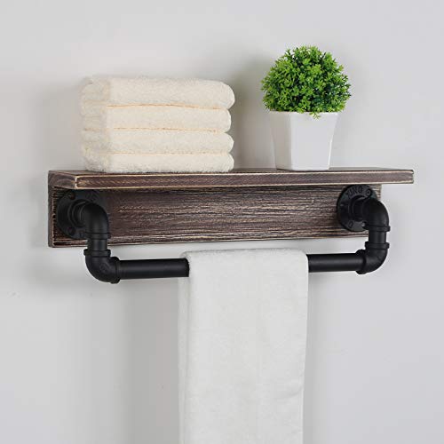 MBQQ Industrial Pipe Shelf,Rustic Wall Shelf with Towel Bar,20" Farmhouse Towel Racks for Bathroom,Floating Shelves Wall Mounted Home Decor Wooden Shelving,Retro Black