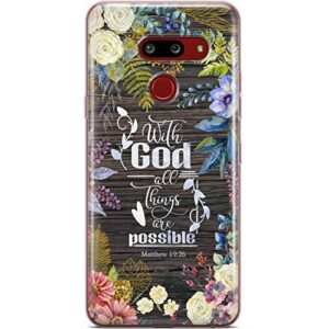 Mertak Clear Phone Case Compatible with LG Stylo 6 5 4 K61 K51S K41S K30 K20 Q70 Q60 Matthew 19:26 Wood Flexible Silicone Protective Slim Scripture Bible Verse Floral Religious TPU Cover Print