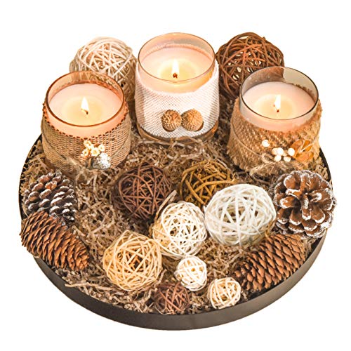 Le Sens Amazing Home Jar Candle Holder Set House Decor Centerpiece 11 inches, Festive Wedding Rustic Family Candles Marriage Ceremony Jar Candles Burlap Lace Pinecones Scented Candle Set (Rattan)