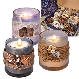 Le Sens Amazing Home Jar Candle Holder Set House Decor Centerpiece 11 inches, Festive Wedding Rustic Family Candles Marriage Ceremony Jar Candles Burlap Lace Pinecones Scented Candle Set (Rattan)