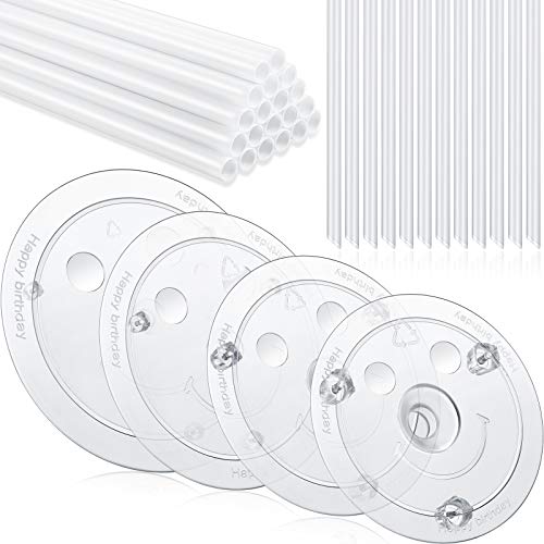 Cake Dowel Rods Set 20 Pieces Plastic Cake Sticks Support Rods with 4 Cake Separator Plates for 4, 6, 8, 10 Inch Cakes and 12 Clear Cake Stacking Dowels for Tiered Cakes (24 cm/ 9.4 Inch Rods Lenght)