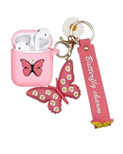 xbs airpods case with butterfly pattern, soft silicone butterfly pendant and shockproof dust plug cover for women and girls, compatible for apple airpods 2&1 front led visible (pink butterfly)