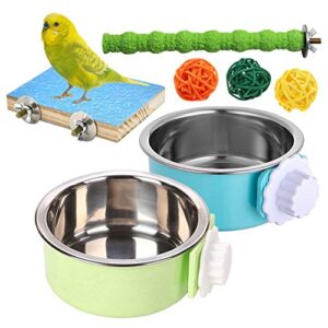 kathson bird parrots feeding cups, stainless steel coop cup food & water bowl feeder dish cup with parrots perch stand platform toys for lovebird budgies finches cockatiel(7 pcs)