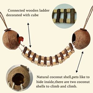 Hamiledyi Coconut Bird Nest Hut with Ladder Hanging Birds Hide House Toy for Cage Natural Coco Shell Hideaway for Parakeet Lovebirds Finch Syrian Hamster Gecko Squirrel Climbing