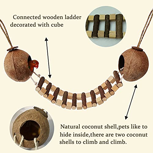 Hamiledyi Coconut Bird Nest Hut with Ladder Hanging Birds Hide House Toy for Cage Natural Coco Shell Hideaway for Parakeet Lovebirds Finch Syrian Hamster Gecko Squirrel Climbing