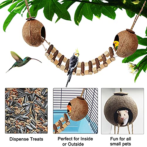 Hamiledyi Coconut Bird Nest Hut with Ladder Hanging Birds Hide House Toy for Cage Natural Coco Shell Hideaway for Parakeet Lovebirds Finch Syrian Hamster Gecko Squirrel Climbing