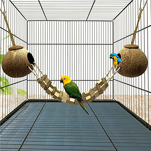 Hamiledyi Coconut Bird Nest Hut with Ladder Hanging Birds Hide House Toy for Cage Natural Coco Shell Hideaway for Parakeet Lovebirds Finch Syrian Hamster Gecko Squirrel Climbing