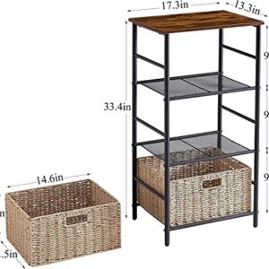 VECELO Tall End/Side Table with 2 Wicker Basket Storage Shelf Telephone Stand for Living Room, Bathroom, Bedroom, Office, Entryway, Easy Assembly, 3-Tier, Brown