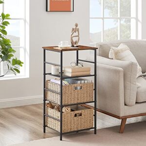 VECELO Tall End/Side Table with 2 Wicker Basket Storage Shelf Telephone Stand for Living Room, Bathroom, Bedroom, Office, Entryway, Easy Assembly, 3-Tier, Brown