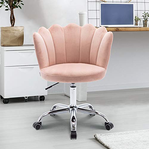 Henf Home Office Chair, Modern Velvet Upholstered Swivel Desk Chair Metal Base, Leisure Office Chair Adjustable Cute Vanity Chair for Home Living Room Bedroom, Pink