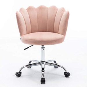 Henf Home Office Chair, Modern Velvet Upholstered Swivel Desk Chair Metal Base, Leisure Office Chair Adjustable Cute Vanity Chair for Home Living Room Bedroom, Pink