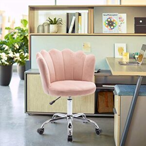 Henf Home Office Chair, Modern Velvet Upholstered Swivel Desk Chair Metal Base, Leisure Office Chair Adjustable Cute Vanity Chair for Home Living Room Bedroom, Pink