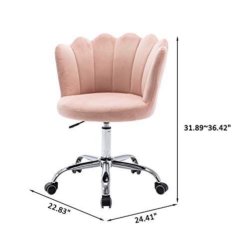 Henf Home Office Chair, Modern Velvet Upholstered Swivel Desk Chair Metal Base, Leisure Office Chair Adjustable Cute Vanity Chair for Home Living Room Bedroom, Pink