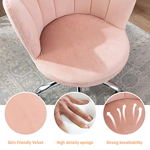 Henf Home Office Chair, Modern Velvet Upholstered Swivel Desk Chair Metal Base, Leisure Office Chair Adjustable Cute Vanity Chair for Home Living Room Bedroom, Pink