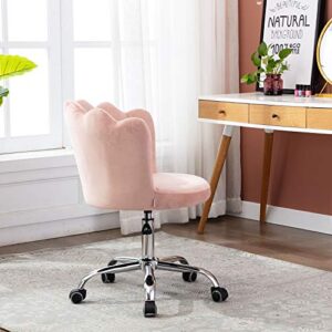 Henf Home Office Chair, Modern Velvet Upholstered Swivel Desk Chair Metal Base, Leisure Office Chair Adjustable Cute Vanity Chair for Home Living Room Bedroom, Pink