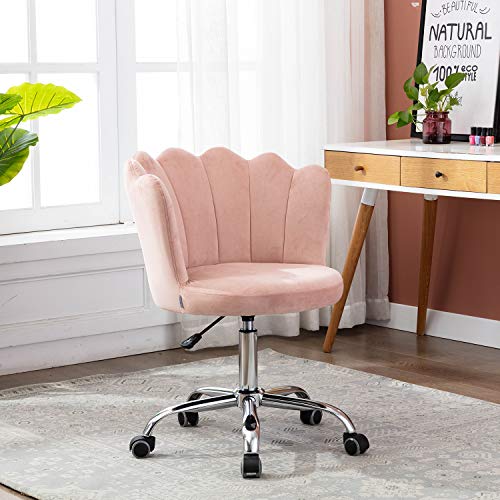 Henf Home Office Chair, Modern Velvet Upholstered Swivel Desk Chair Metal Base, Leisure Office Chair Adjustable Cute Vanity Chair for Home Living Room Bedroom, Pink