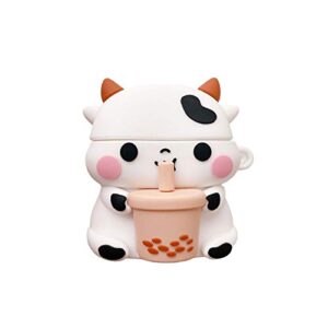 tou-beguin case compatible with airpods 1 & 2, cute milk tea cow animals design soft silicone shockproof wireless earphone skin protectortector