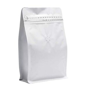50 pieces 12 ounce white kraft paper coffee bags, stand up coffee pouches with one way degassing valve and reusable side zipper (pull tab to open) flat bottom - stand up well (12oz, 340gram)