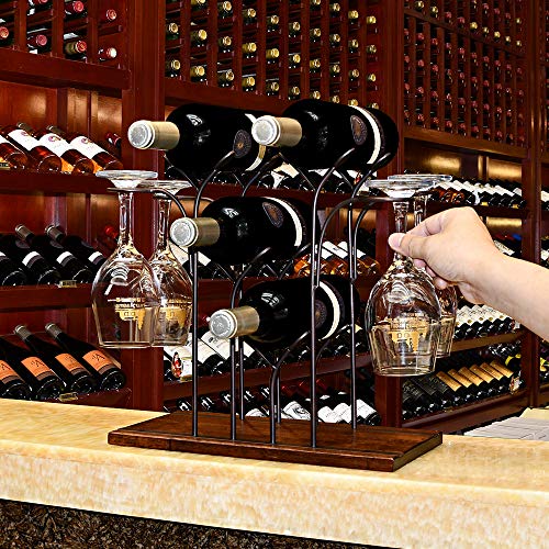 Wine Rack Table Type Wooden Wine Rack Rustic Countertop Wine Rack Countertop Wine Rack Can Hold 4 Bottles and 4 Glasses Metal Wine Rack