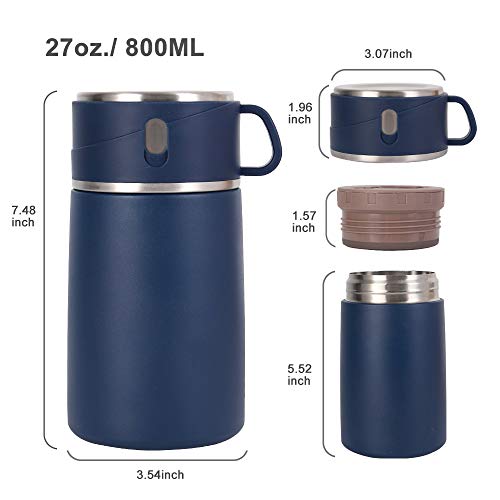 Food Thermos, 27oz Wide Mouth Soup Thermos for Hot Food with Folding Spoon, Insulated Food Jar, Leak Proof Stainless Steel Vacuum Lunch Container Flask Bento Box for Kids Adult (Blue)