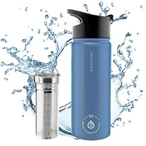 grosche chicago steel infuser bottle, tea infuser flask, infuser water bottle thermos, insulated stainless steel flask with tea infuser (blue, 16 fl oz)